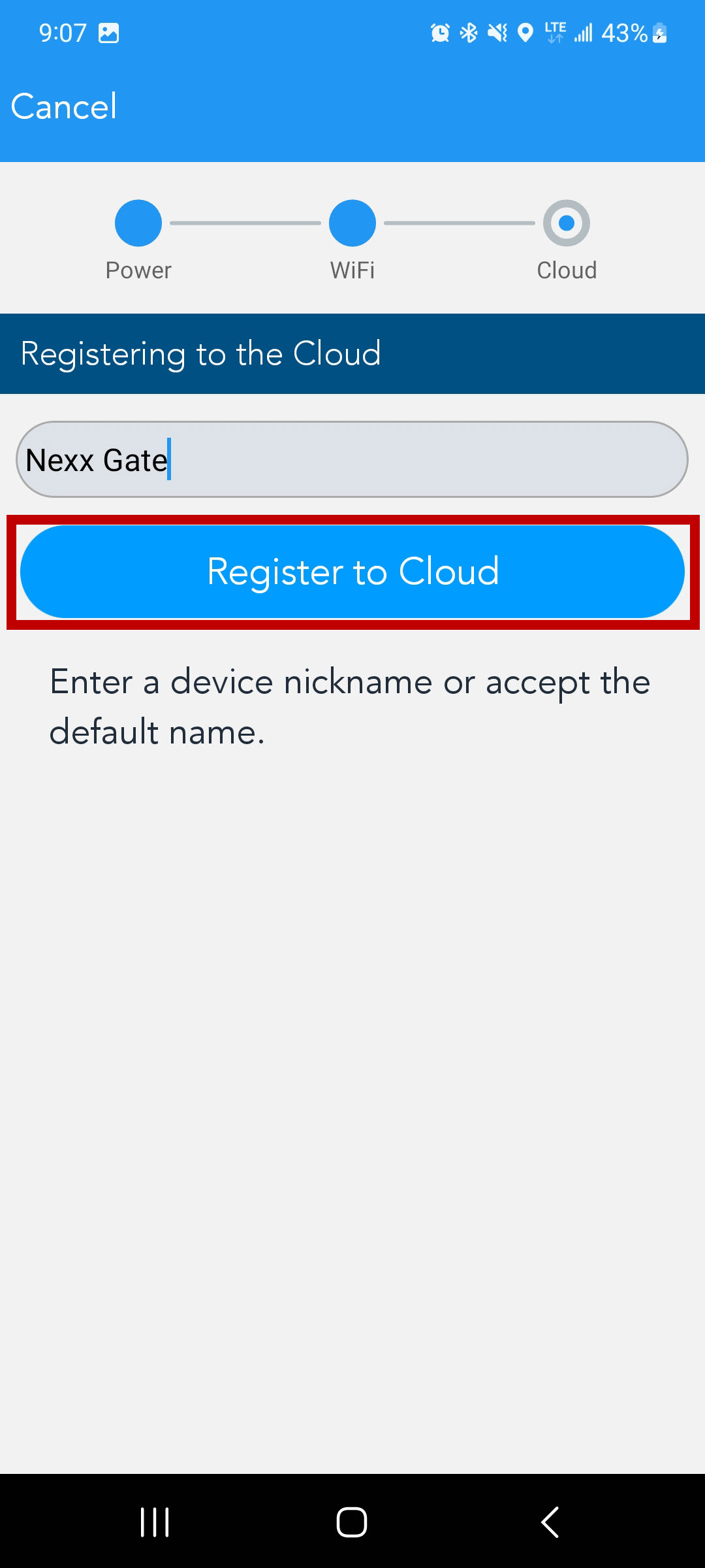 Enter gate name and register to cloud