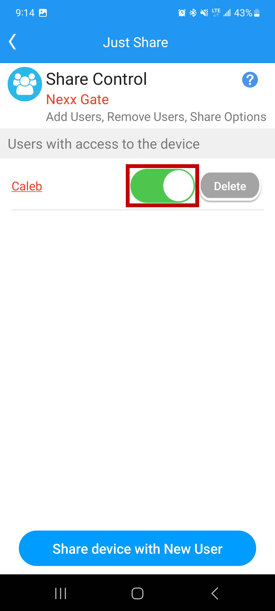 Toggle user access on or off from the Share Access screen