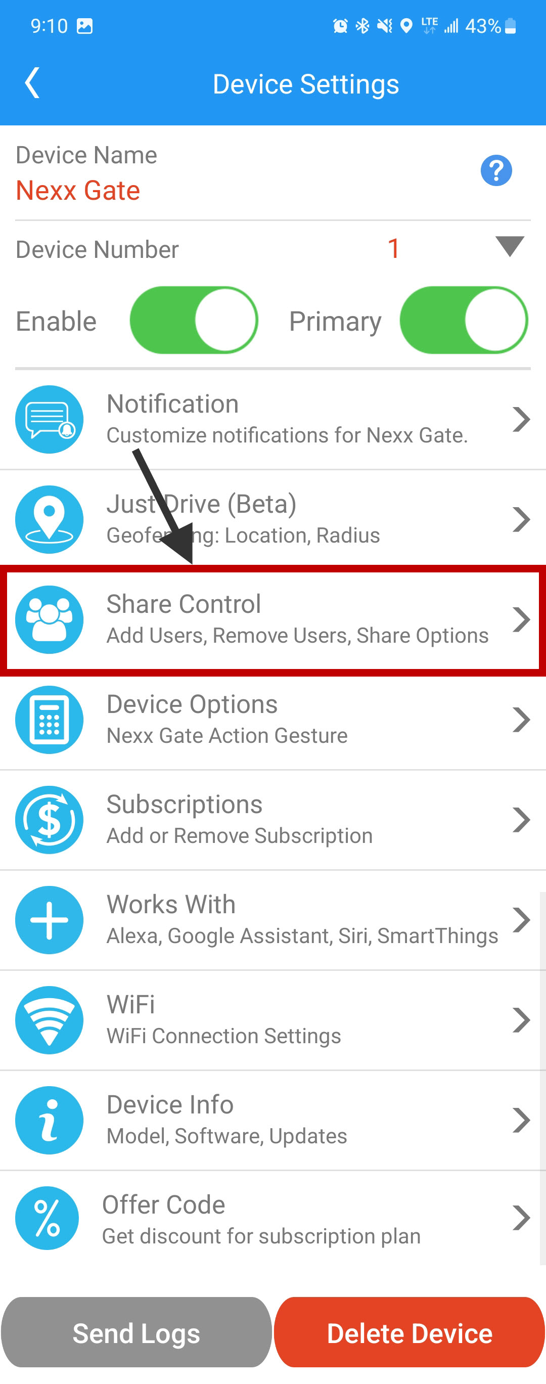 Select Share Control in the Nexx App